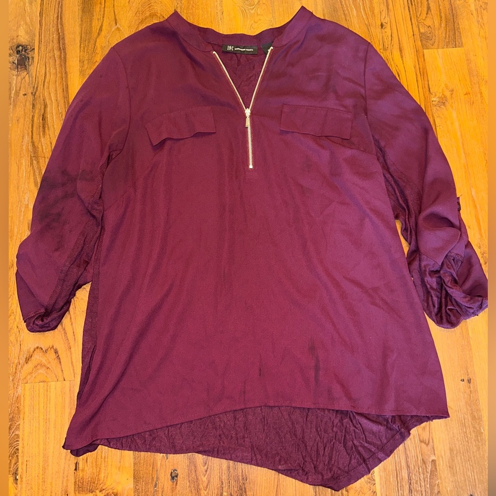 INC Women's Maroon 3/4 Sleeve Blouse with Zipper Detail Size XL.